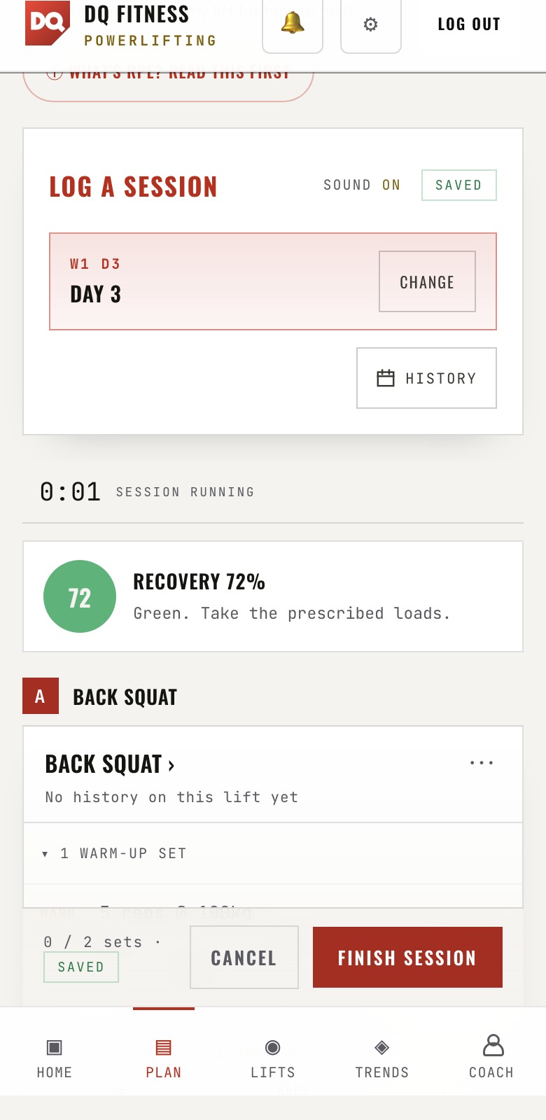 Sam's session with editable loads, reps, RPE and previous-set context