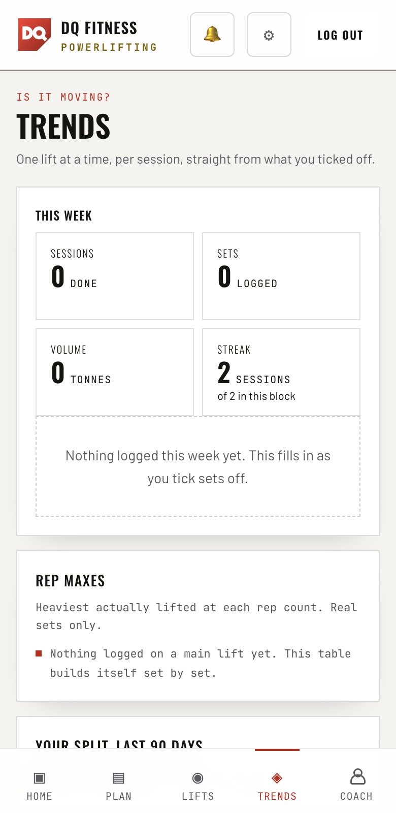 Sam's weekly training summary and rep-max trends