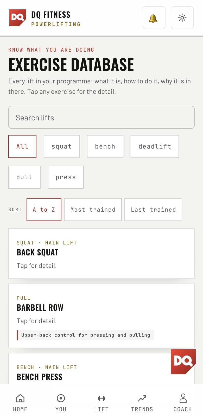 Sam's searchable exercise database with coaching explanations