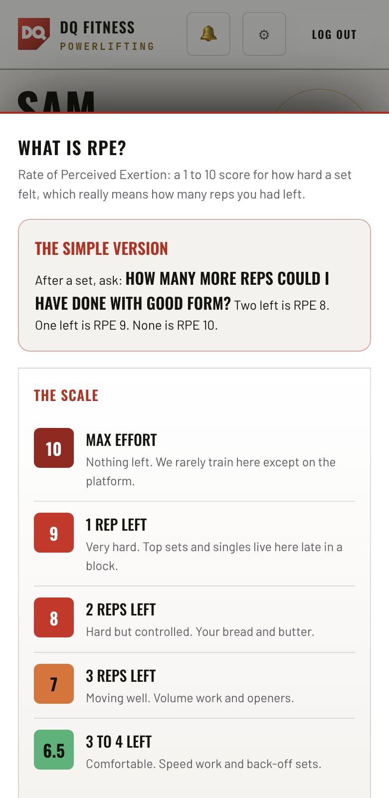 Sam's in-app RPE guide