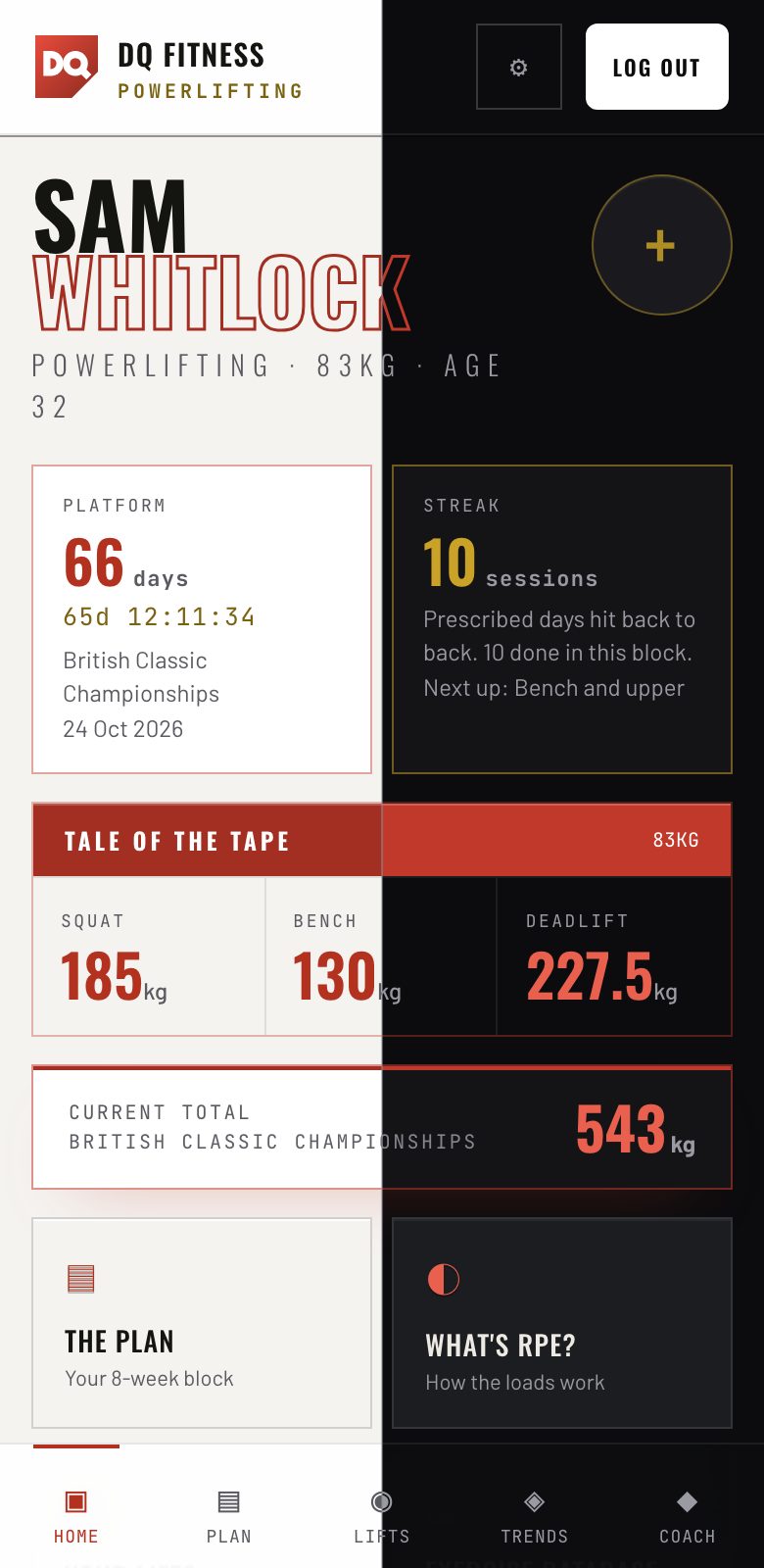 The athlete app shown in light and dark themes